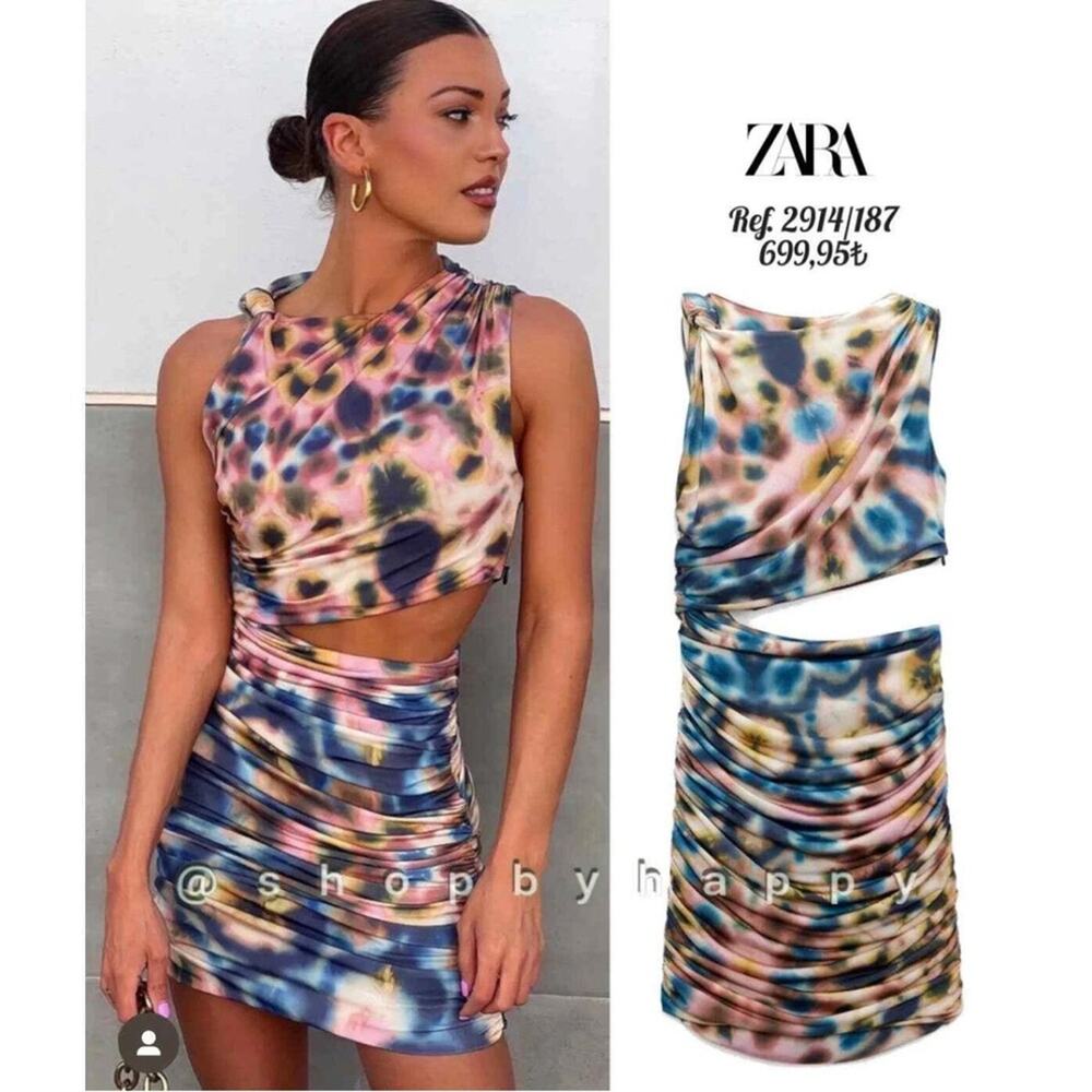 NWT NEW Zara Draped Fitted Tie Dye Cut Out Mini Dress - Party Night Out - Picture 2 of 7